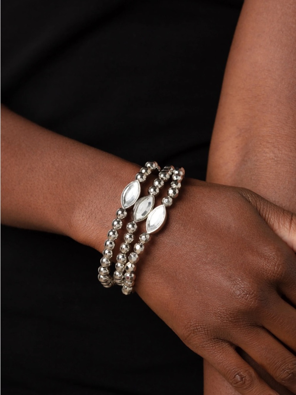 Silver Beaded 3 Stretch Bracelets - Picture 2 of 2